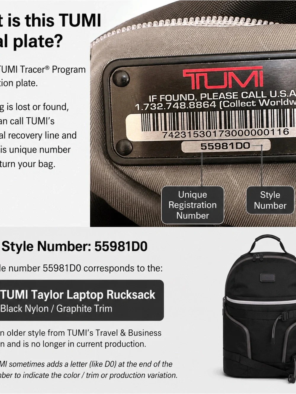 TUMI Frisco Taylor Laptop Rucksack Backpack – Black with Gray Trim